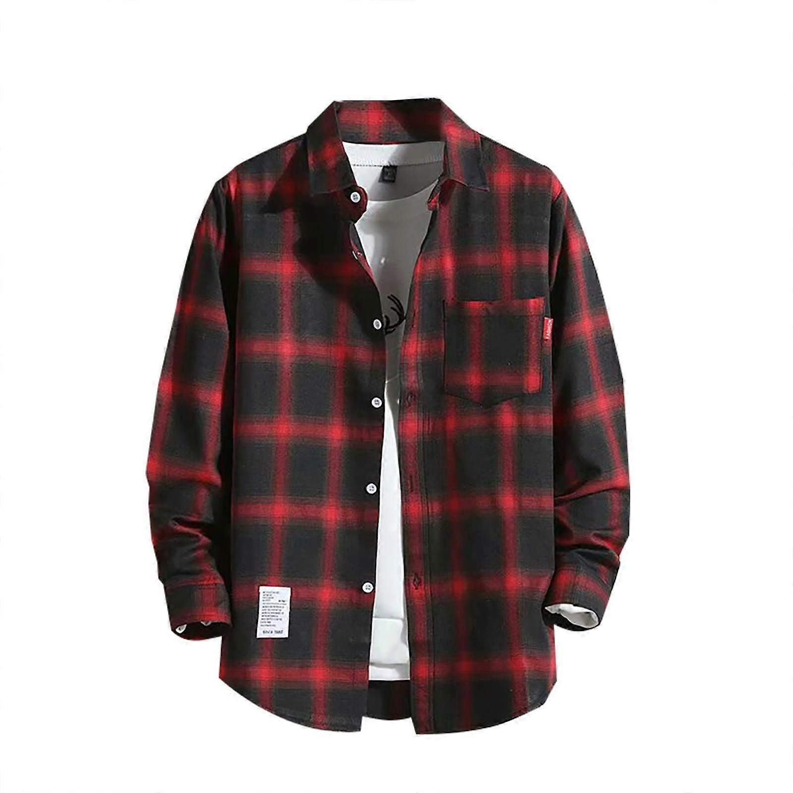 Checked Shirt Stand-Up Collar Men's Plus Size Flannel Shirt Long Sleeve Casual Red 4XL Oversized Button-Down A02