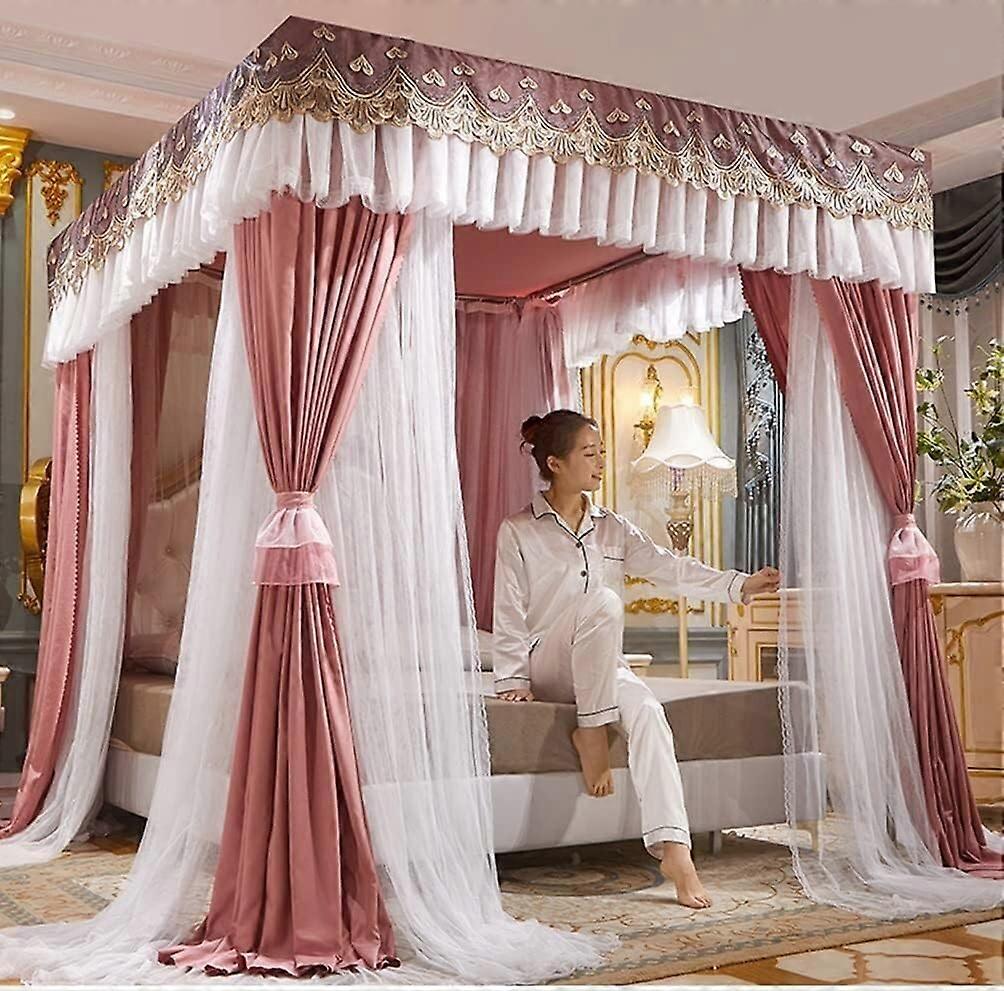 Four Corner Post Daybed Canopy With Stand Mosquito Net, Lace Embroidery, Deluxe Bed Curtain, Pink 200x220/180x220 cm