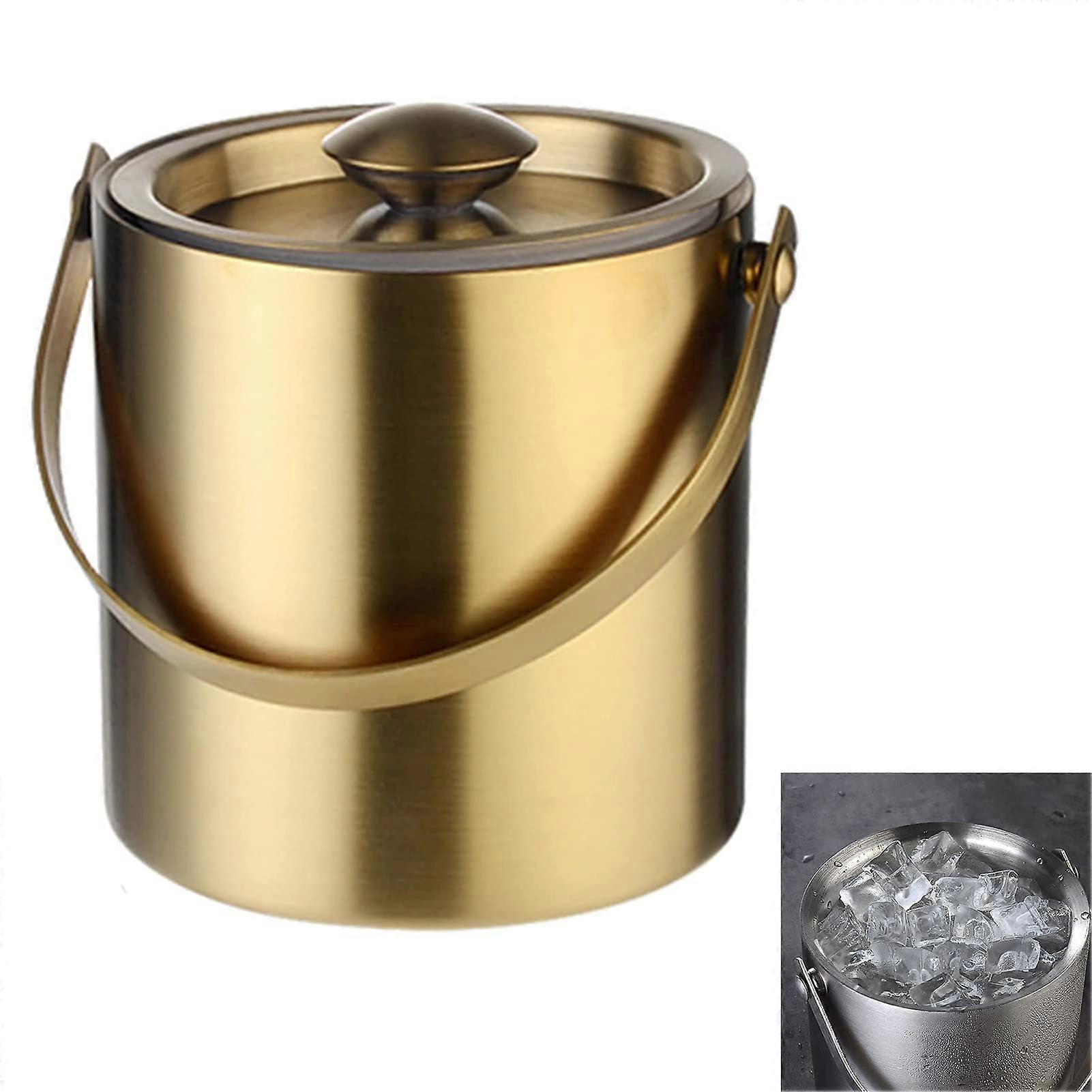 Insulated doublewalled stainless steel ice bucket with lid and tongs, party bucket for champagne, stylish gold 2L