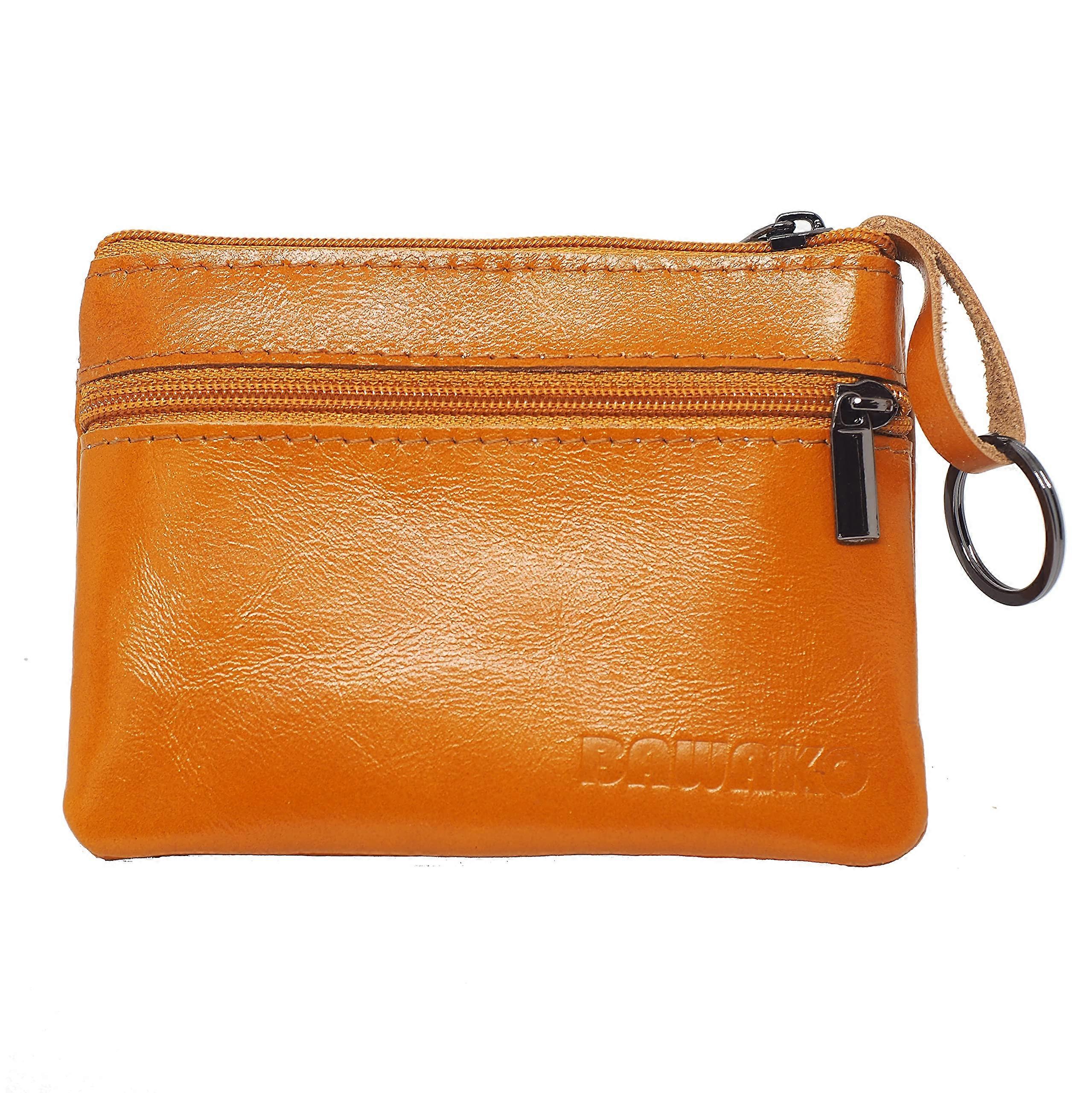 Large Key Bag with 3 Zip Compartments, Genuine Leather Key Case for Men, Women, and Children, Compact Handmade Orange W9.5/L13