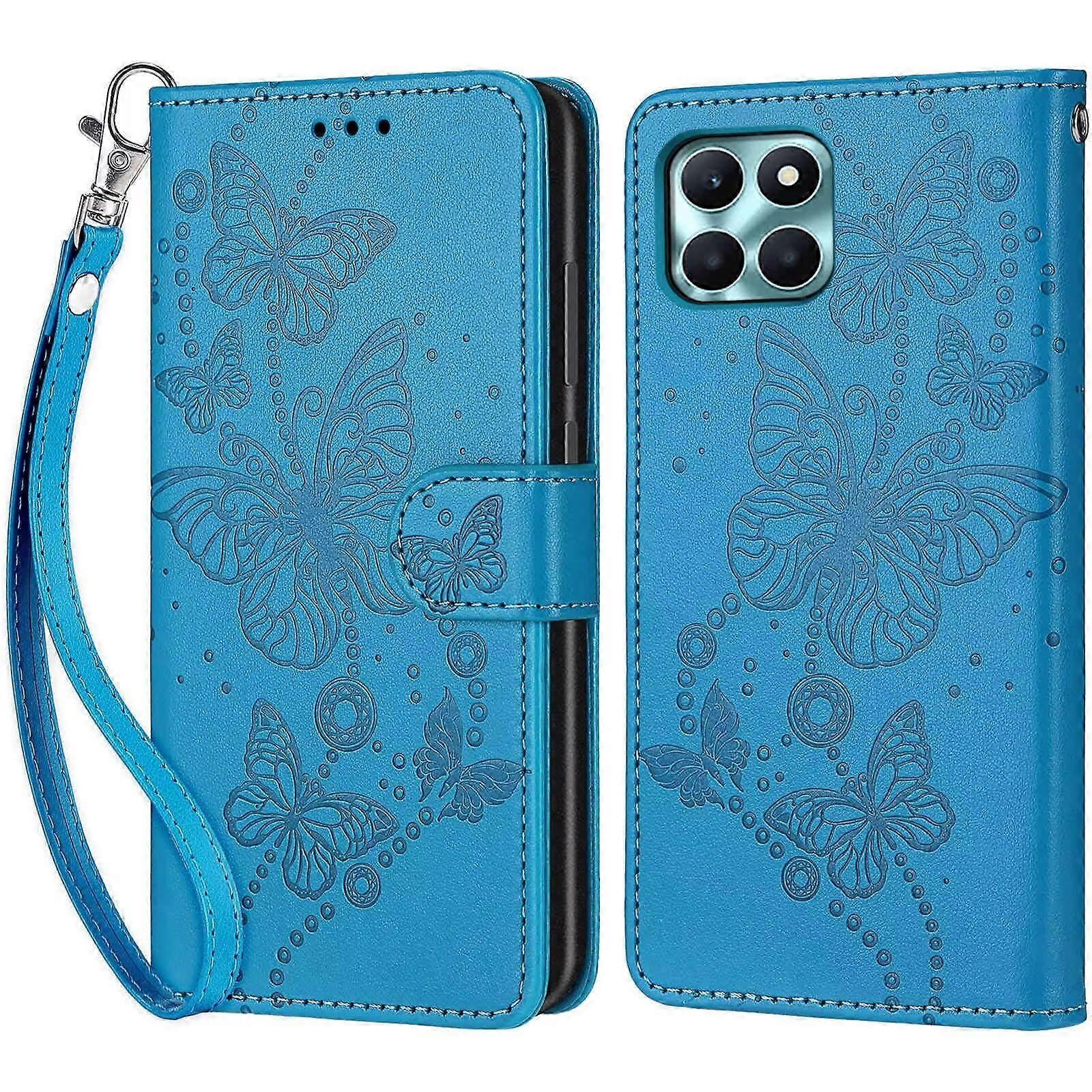 Mobile Phone Case For Honor X6A, PU Leather Flip Case, Shockproof Wallet Cover, Flowers Butterfly Design, Blue