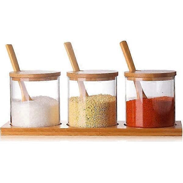 3 Pcs Stylish Simple Spice Jars Set, Decorative Storage Spice Glass Container with Bamboo Spoon Lid and Base