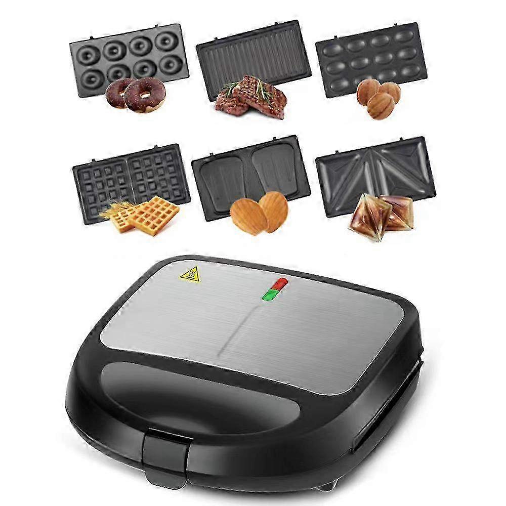 6-in-1 Electric Sandwich Maker Breakfast Machine - Non-Stick Removable Plates for Waffles, Donuts & Panini Press - Double-Sided Heating