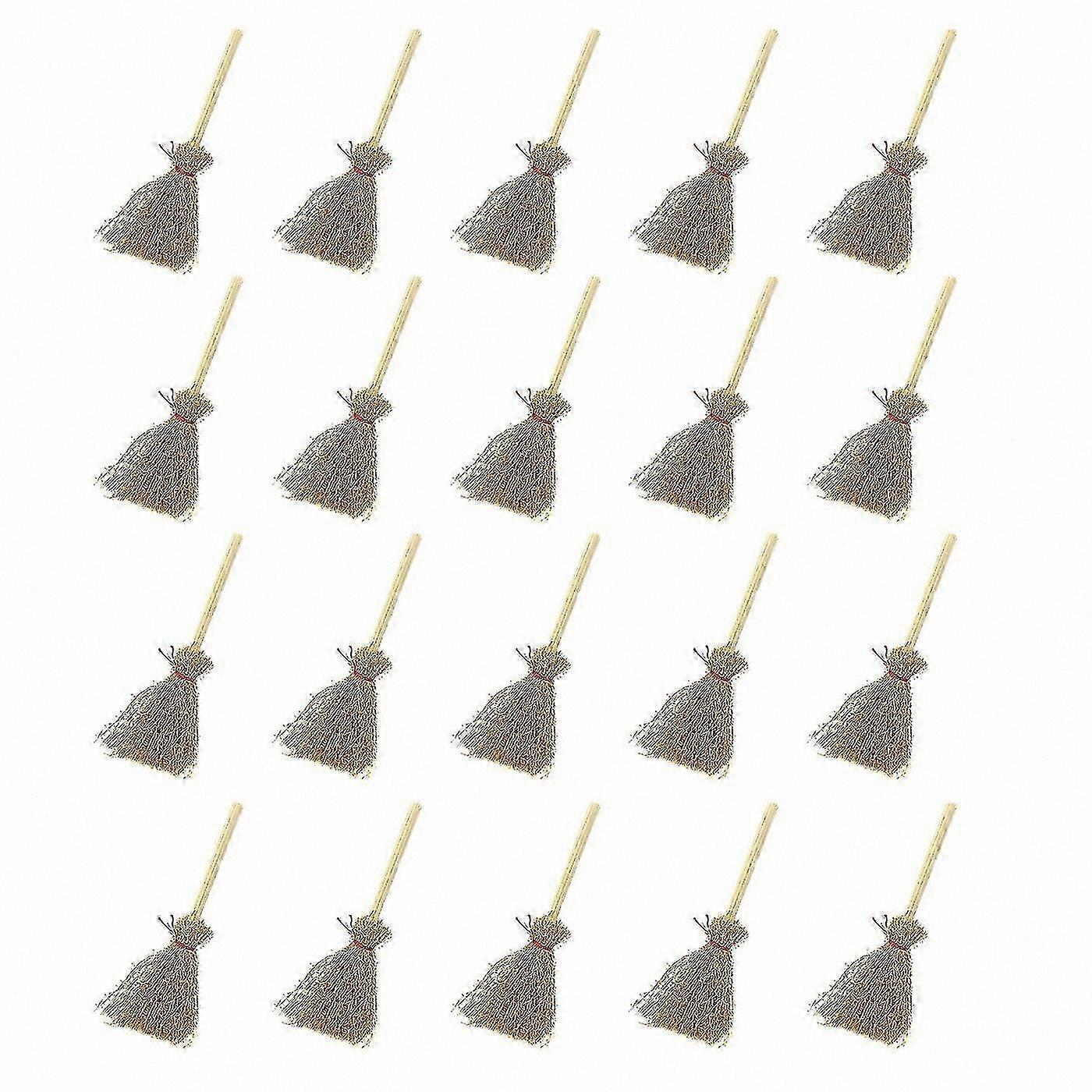20pcs Small Fake Straw Brooms with Red Strings for Halloween Crafts and Dollhouse Decorations