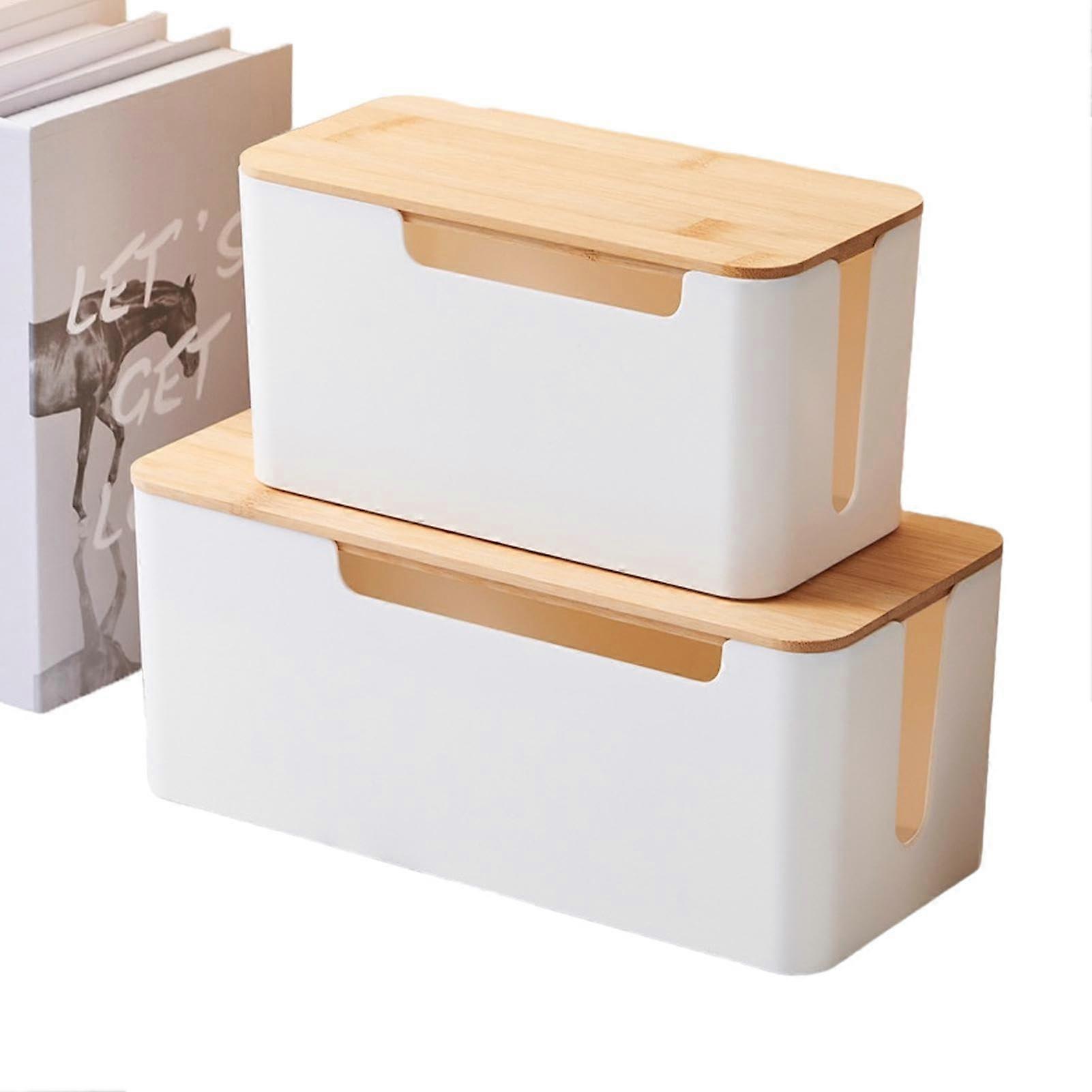 Cable Management Box, 2 Pack, Hidden TV Cable Organizer With Wooden Lid, for Home Decor, White