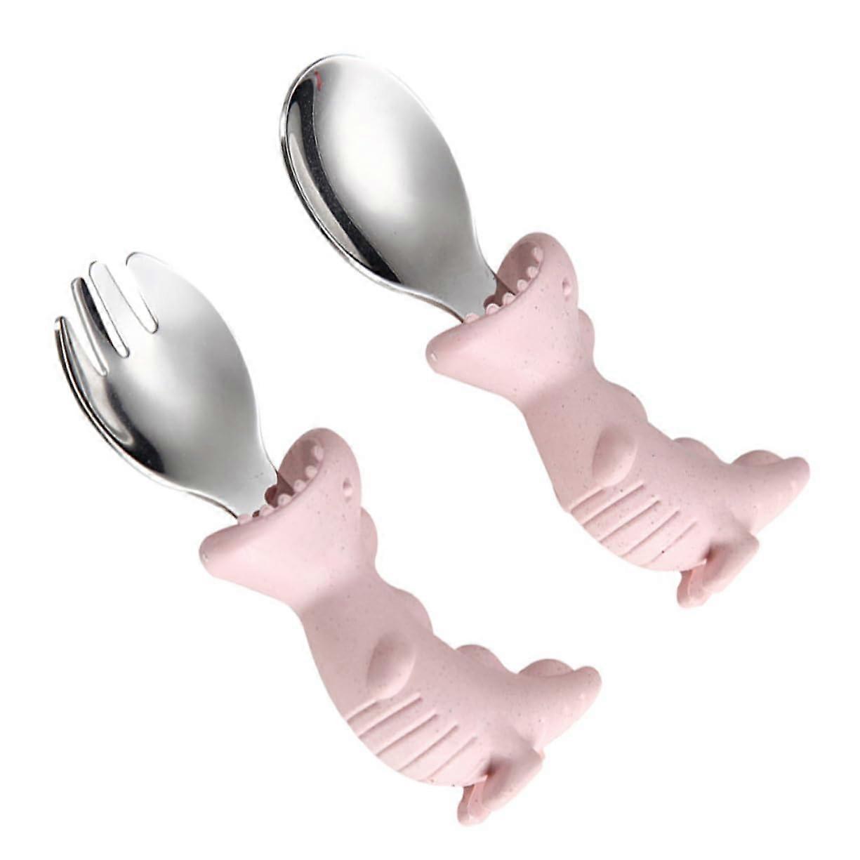Stainless Steel Fork Spoon Set 2pcs with PP Handles Heat Resistant Lightweight Self Feeding Utensils for Solid Food Training