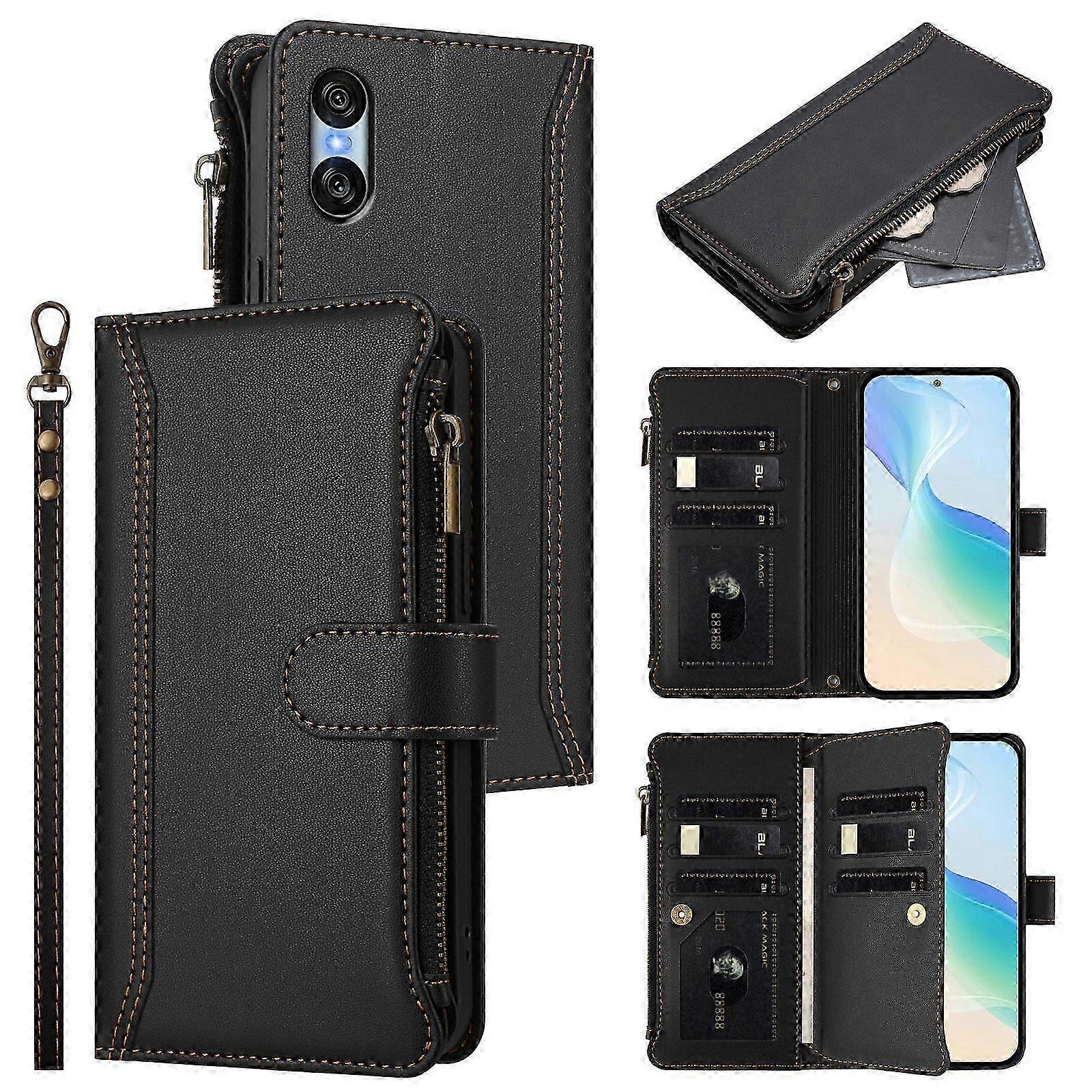 Magnetic Closure Leather Case with Zipper, 9 Card Slots, and a Hand Strap