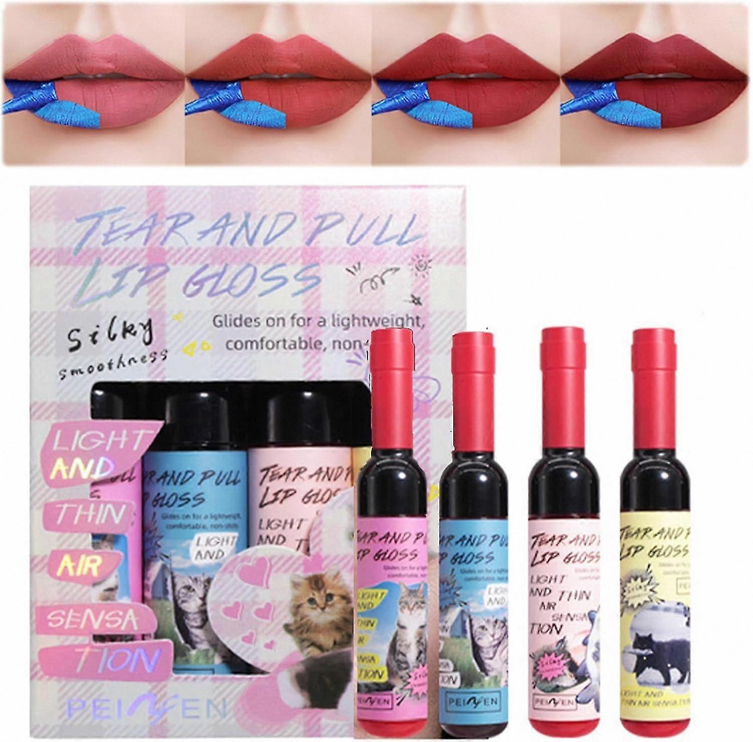 4-Piece Lip Stain Collection, Peel-Off Tattoo Gloss, Mini Long-Wear Liquid Lipstick Set for Vibrant Color Development