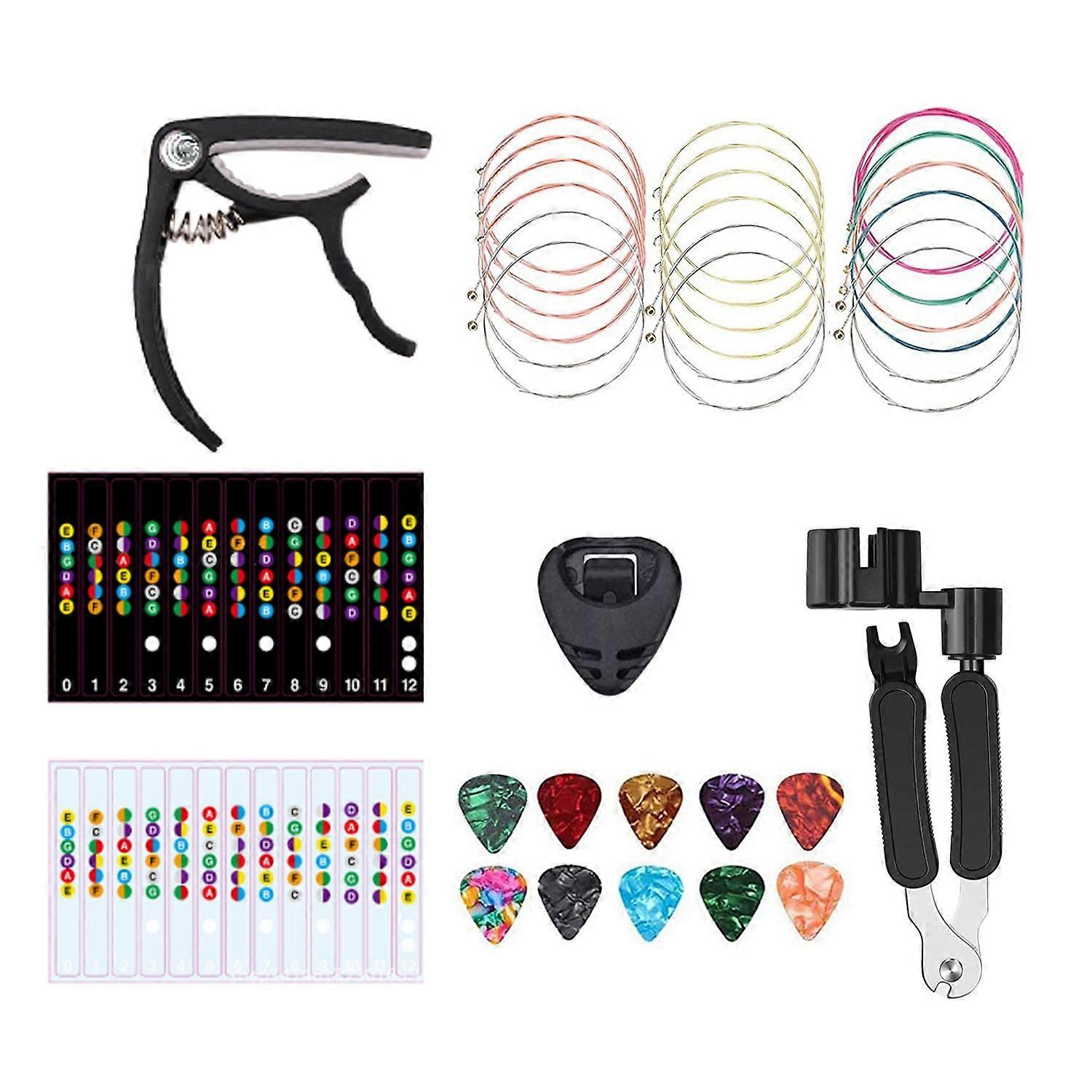 18PCS Guitar Strings Kit,Acoustic Guitar Changing Tool,Acoustic Strings,Guitar Picks,,Scale Sticker