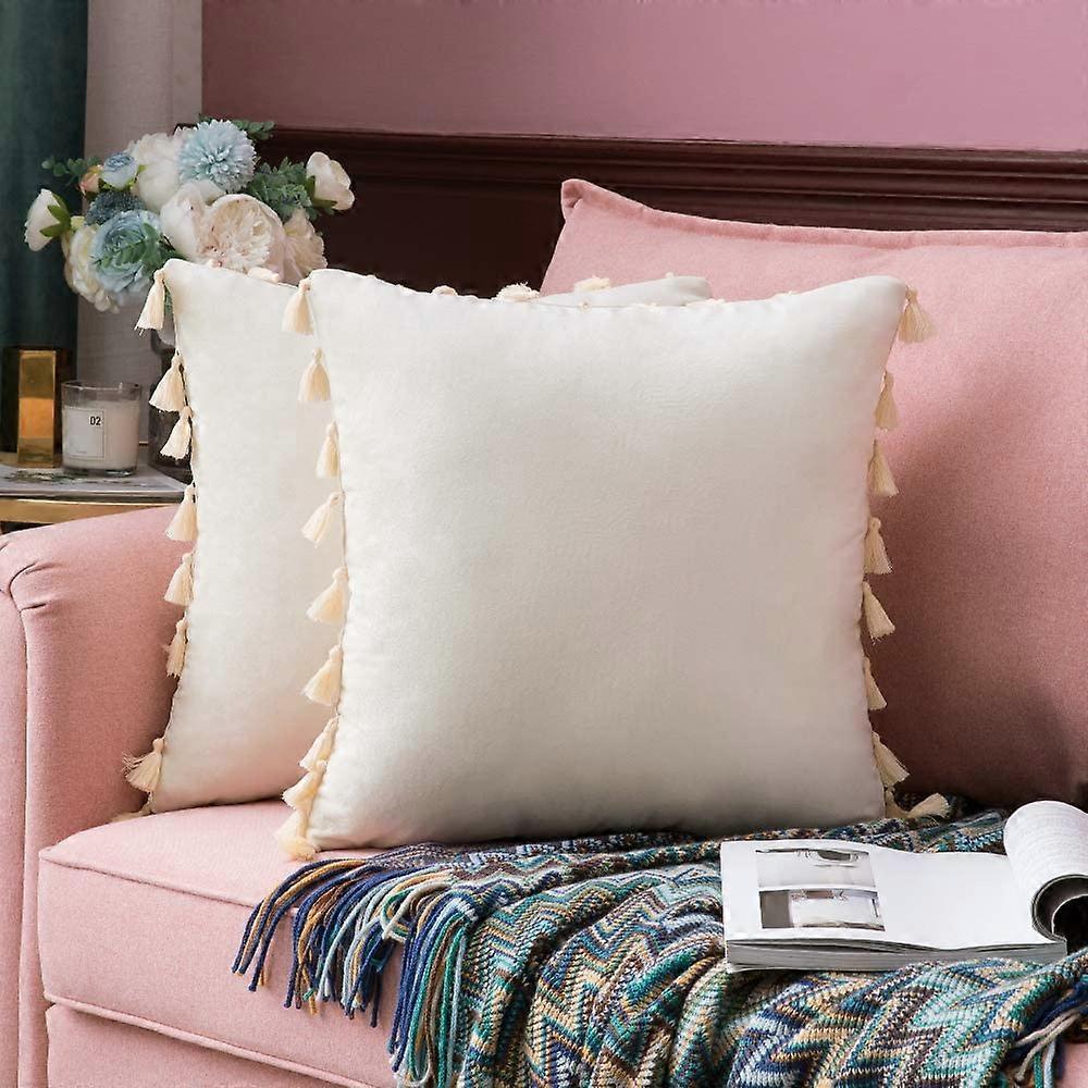 Pack Of 2 Velvet Soft Solid Decorative Throw Pillows With Tassels Fringe Boho Accent Cushion For Couch Sofa Bed, Ivory