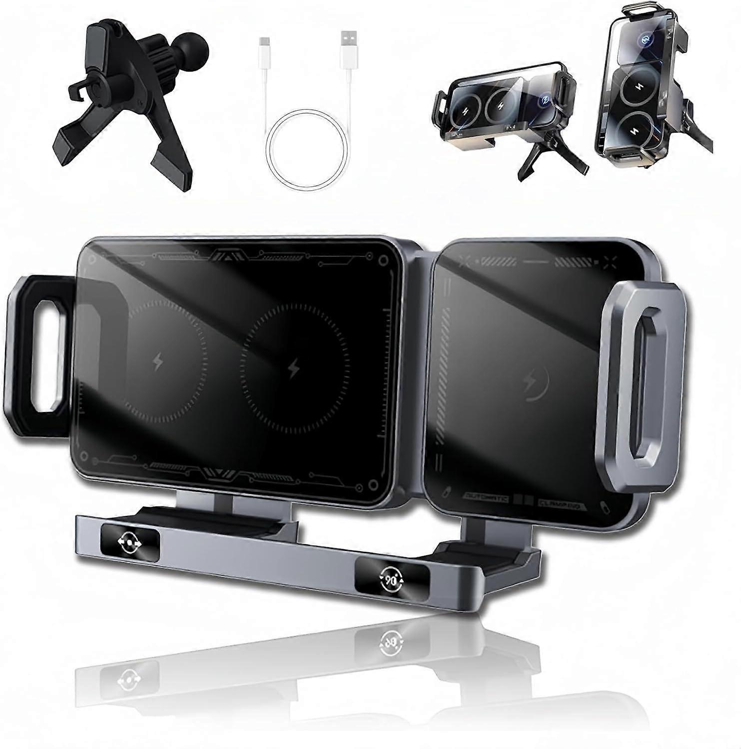 High Intelligent Mobile Phone/Pad Holder, Phone Holder, 2 in 1 Auto Rotating, Wireless Car Charger (Gray)