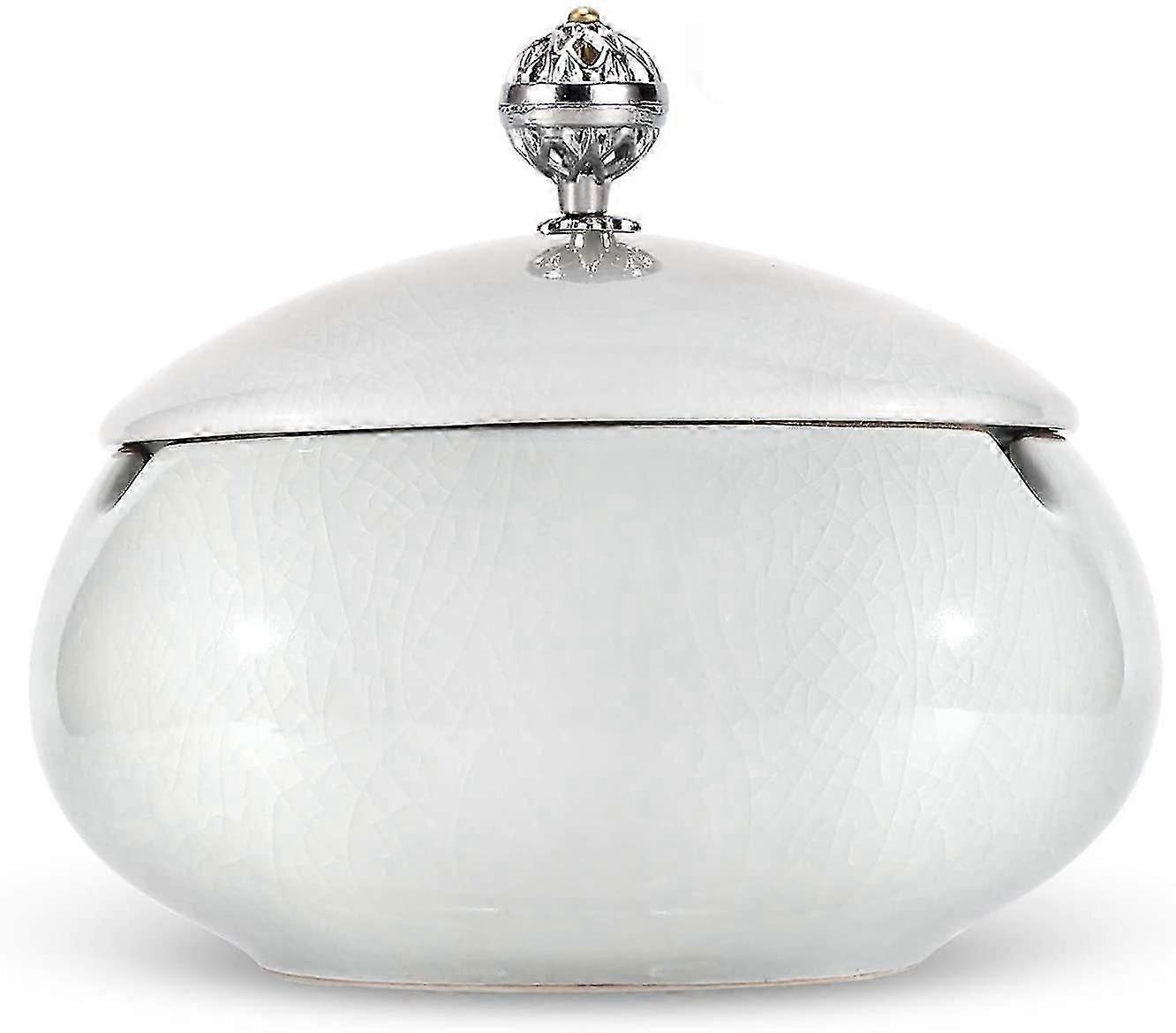 Outdoor Ashtray With Lid, Closed Ceramic Cigar Ashtray Anti Odor Design Moroccan Style For Outdoor Garden Patio White