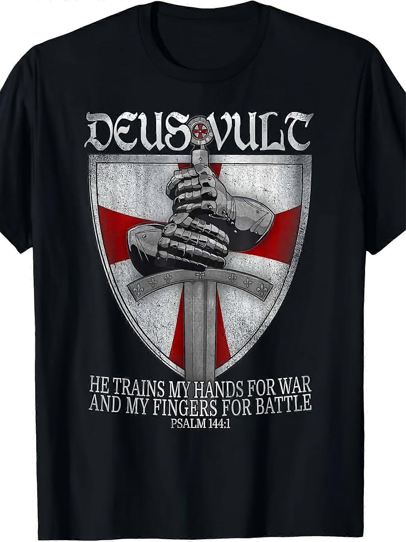 تي شيرت مسيحي للحرب الوسطى للرجال - تي شيرت قطن ثقيل برقبة مستديرة مع تصميم Deus Vult Crusade - Battlefield Faith Apparel Gi-SSFHK158