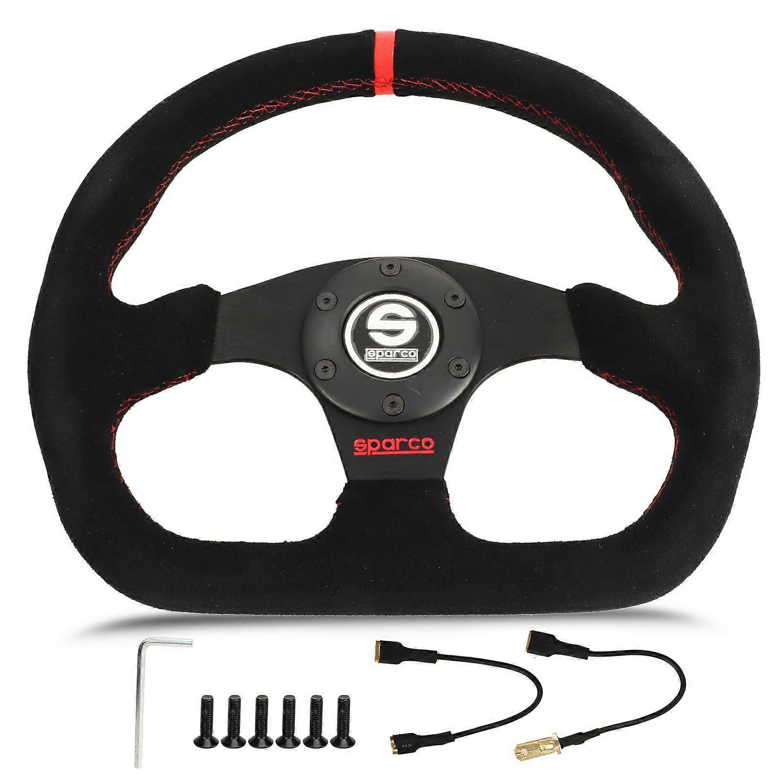 D Shape Steering Wheel 12.8in Suede Leather Race Style Steering Wheel with Red Stitch and Horn Button