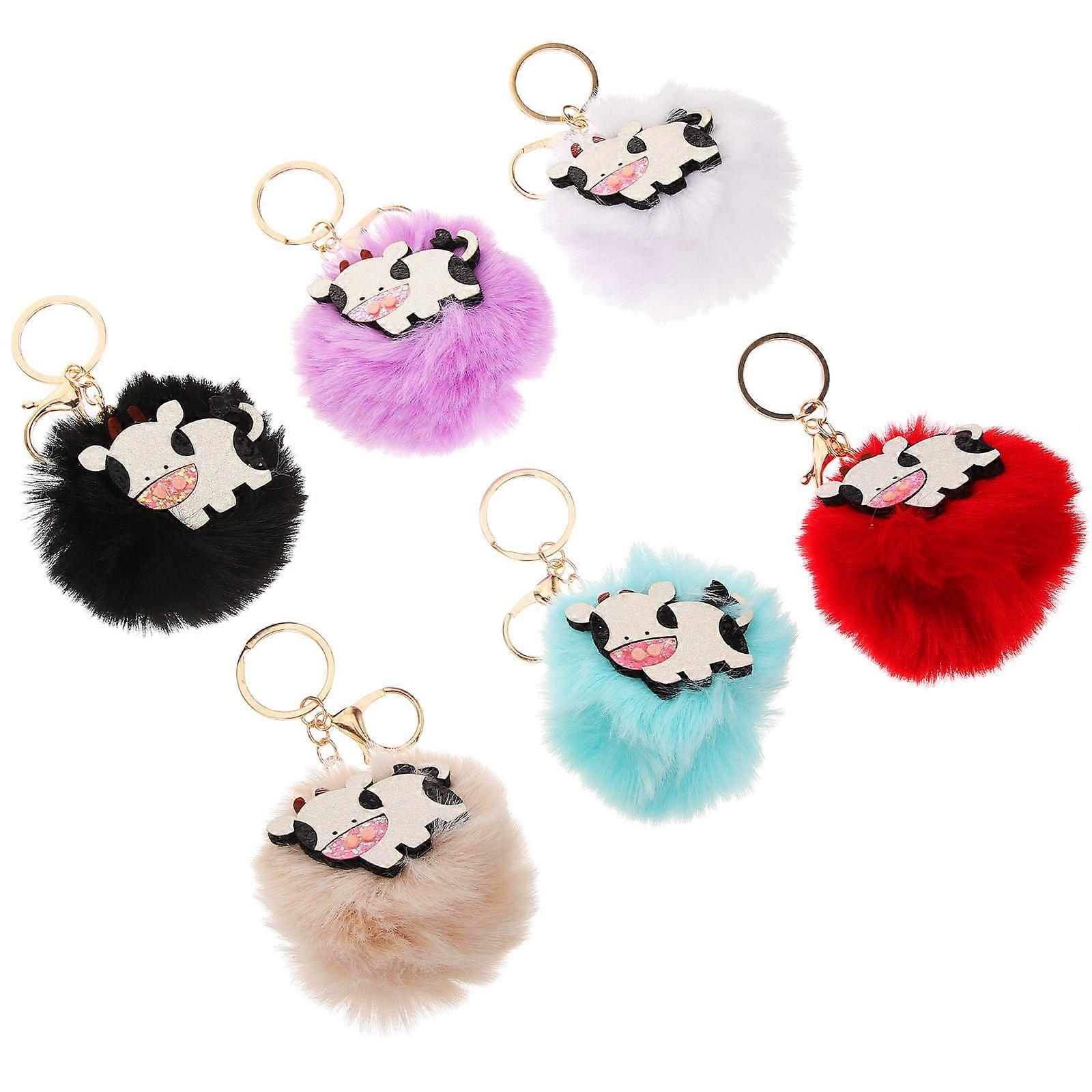 Bag Keychain Pendant for Decor with 6Pcs Cow Shape Plush Ball Key Ring