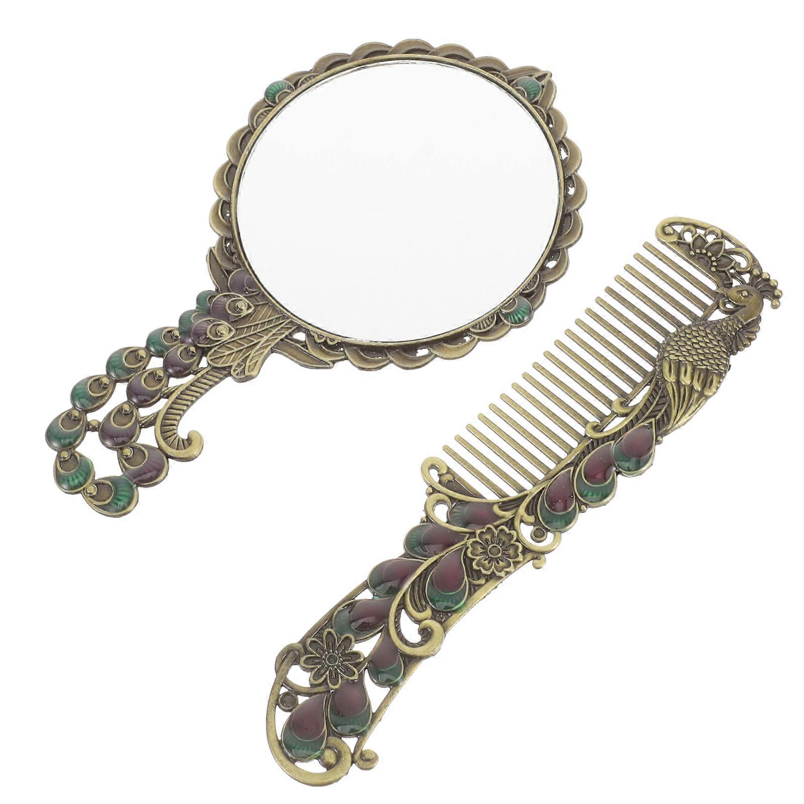 Retro Metal Makeup Mirror Handheld Mirror with Comb 2Sets for Women
