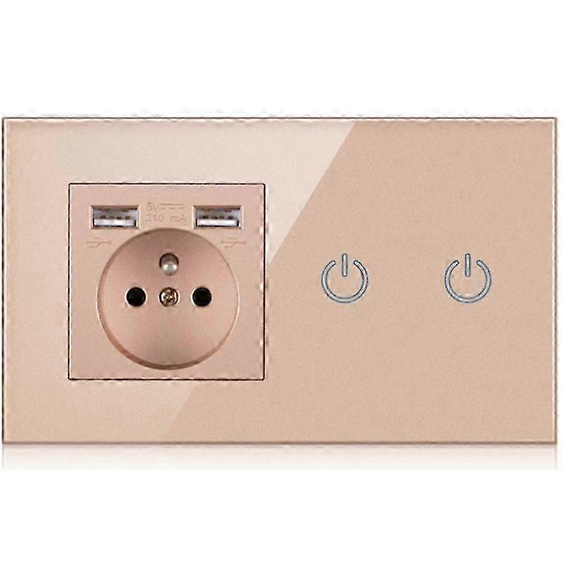 EU Power Outlet Socket, LED Light Touch Double Switch, 2 USB Charger, Glass Panel French Wall Electrical Socket 26s