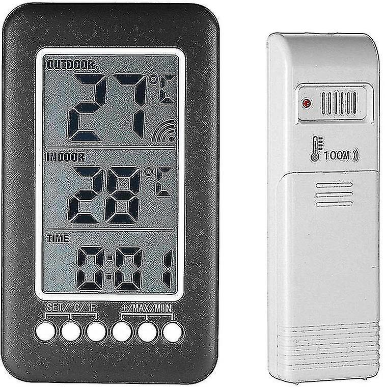 Wireless Indoor Outdoor Thermometer With Clock Digital Wireless Weather Station With Outdoor Sensor, Black