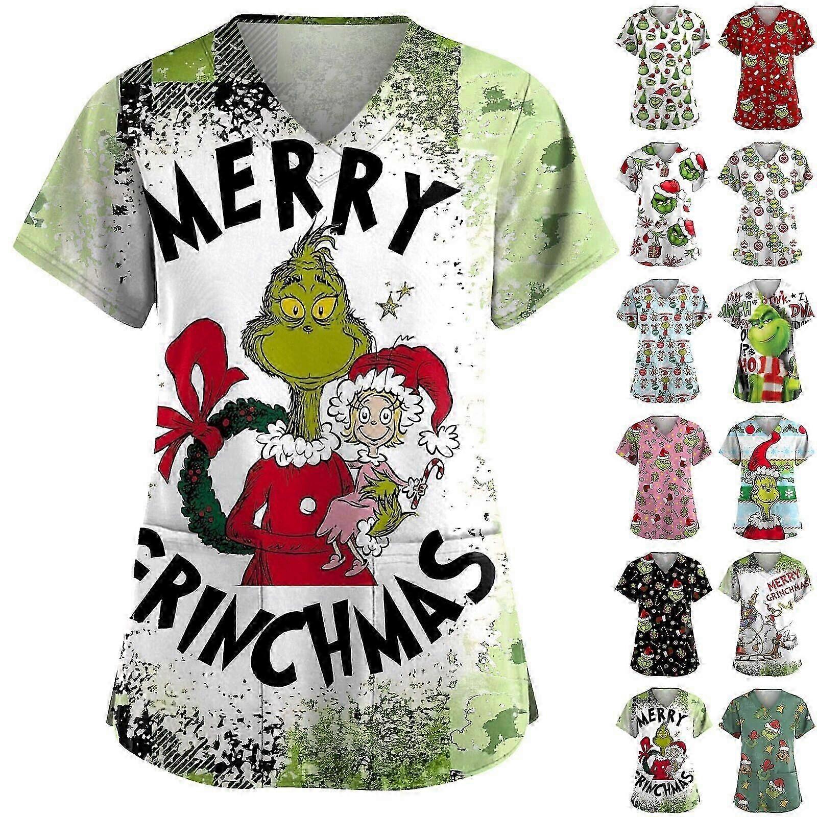 Christmas Women Grinch Nursing Uniform Scrub Short Sleeve Top With Pocket Blouse