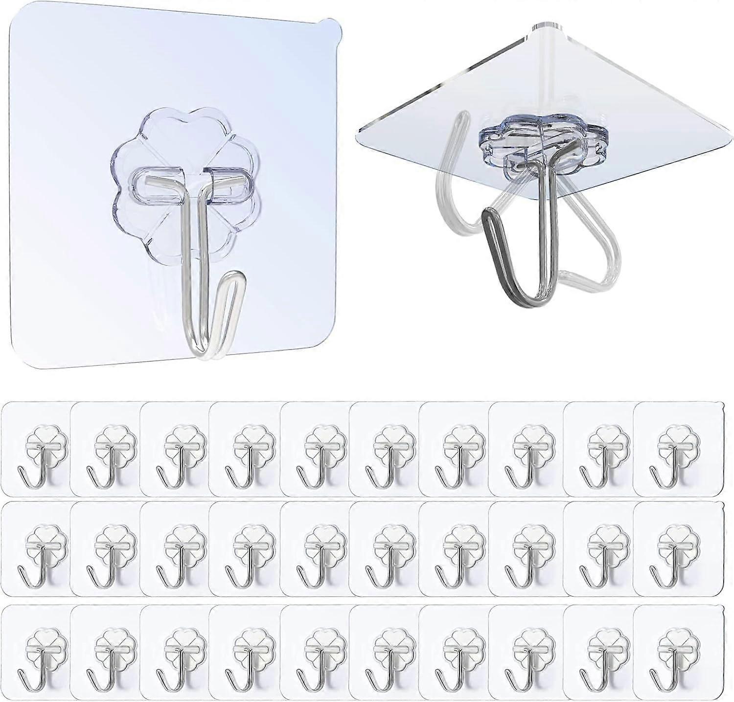 Self-adhesive hooks, 30 pieces, transparent, no drilling required