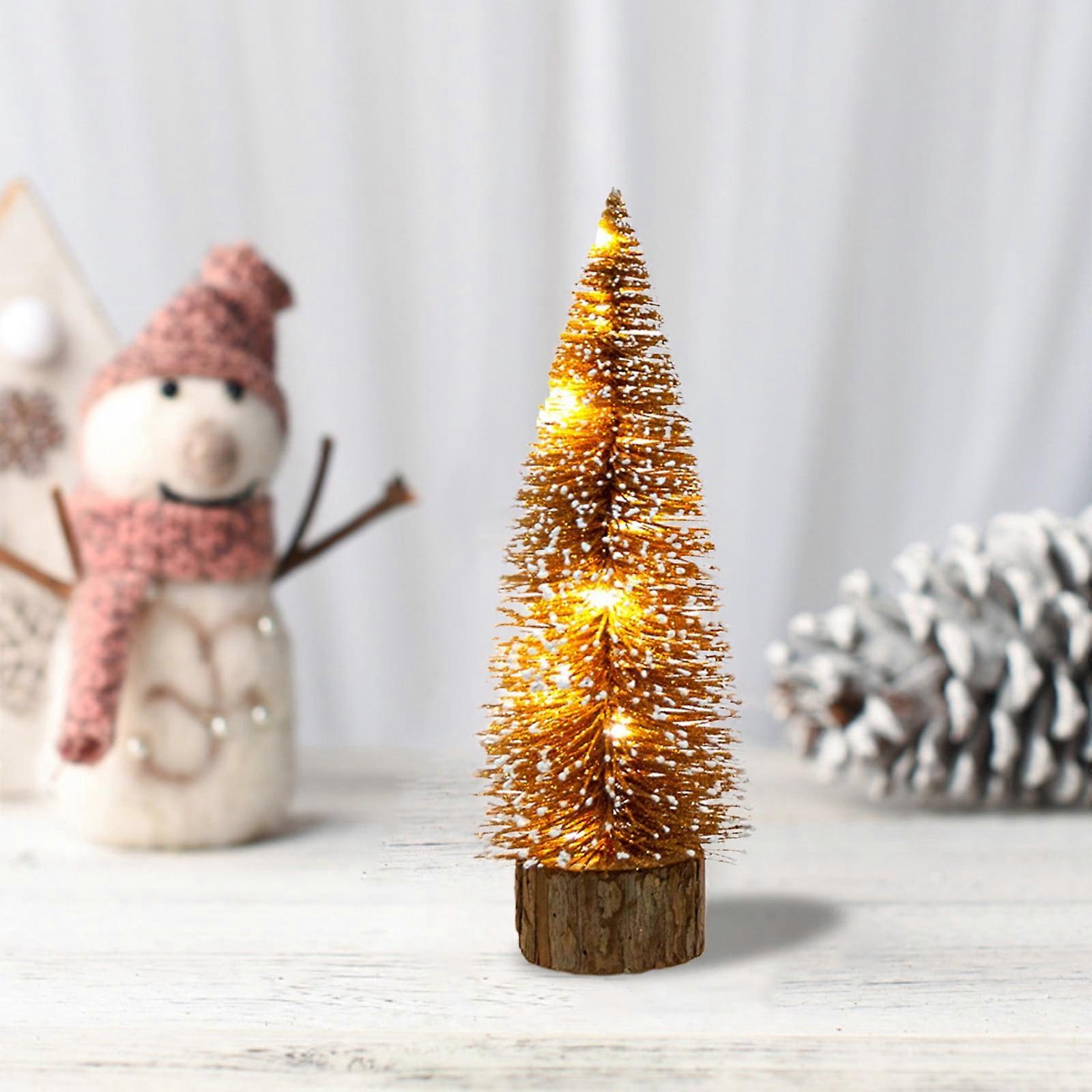 Mini Artificial Christmas Tree with LED Lights, Pre-lit Bottle Brush Tree on Wooden Base, Small Desktop Xmas Decoration
