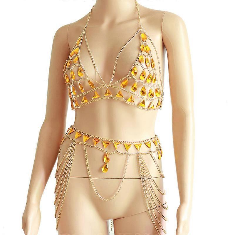 Sexy Mesh Beaded Body Chain Bra Harness Carnival Bikini Women Layered Chain Skirts