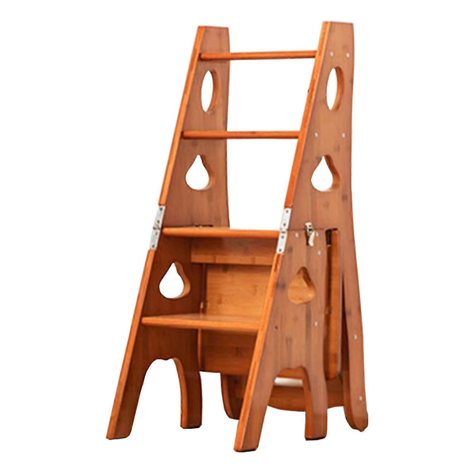 Wooden Folding Ladder Chair 4 Step Stool with Storage Shelf for Home Library and Plant Display
