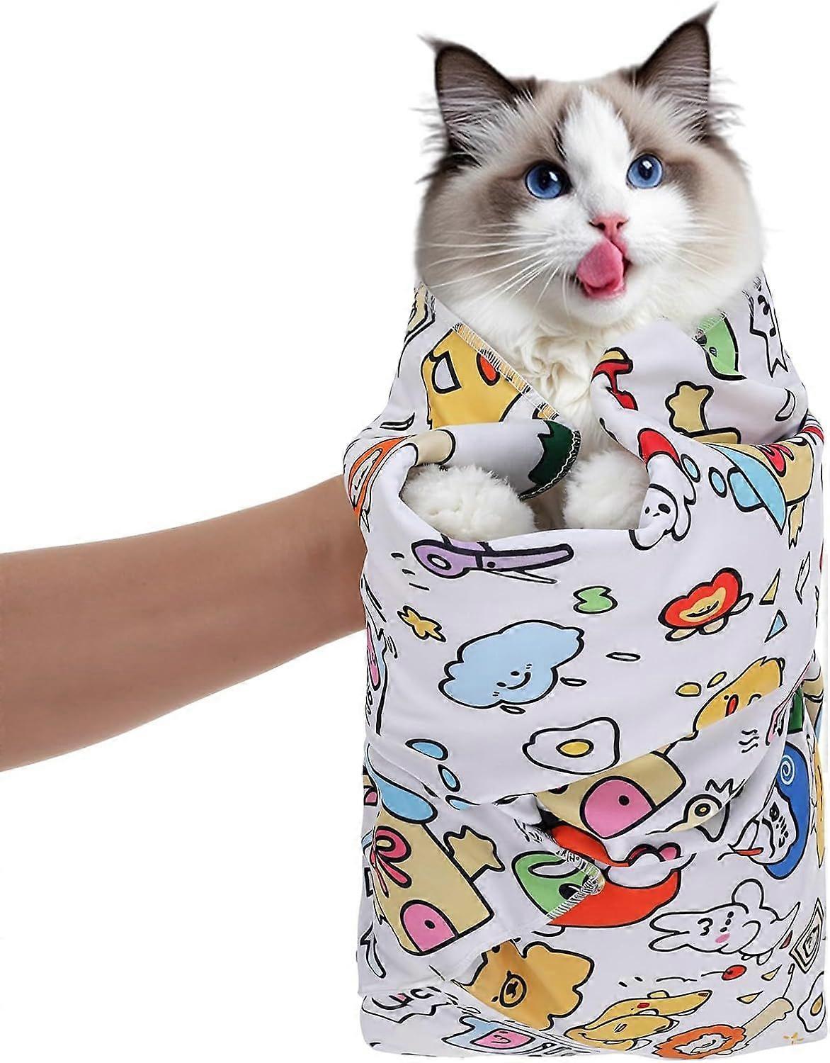 Cat Wrap for Grooming Graffiti Color Cat Swaddle for Nail Clipping 70 x 70 cm Self-Adherent Anti-Bite Anti-Scratch Anti-Escape Grooming Swaddle Multif