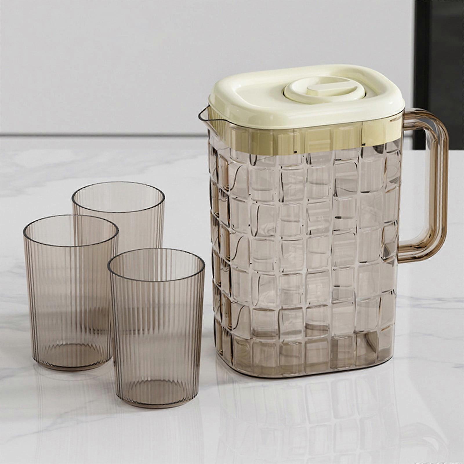 Kabnic Plastic Pitcher Set with 3 Cups, 2L Pitcher with Lid, Draining Tray, Beige Water Jug for Juice, Coffee, Tea, Lemon, and More