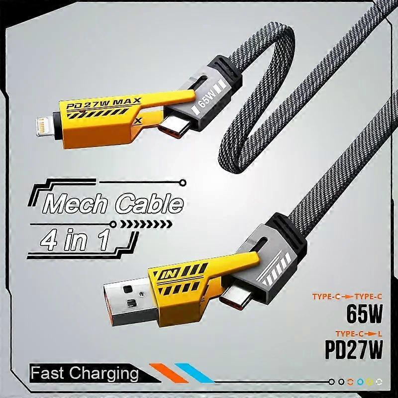 4-in-1 Fast Charging Cable, 65W PD QC Mecha Cable for Android/iPhone, comB C Multi-Port Quick Charge Wire