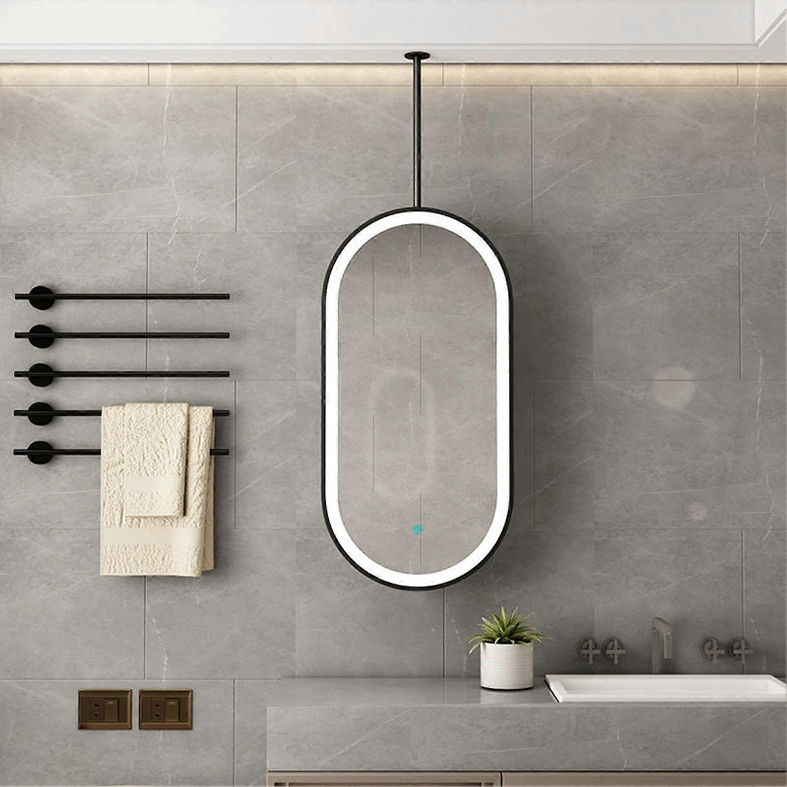 LED Vanity Mirror Ceiling Mounted Oval Makeup with ThreeTone Lighting Black Frame 40x60cm