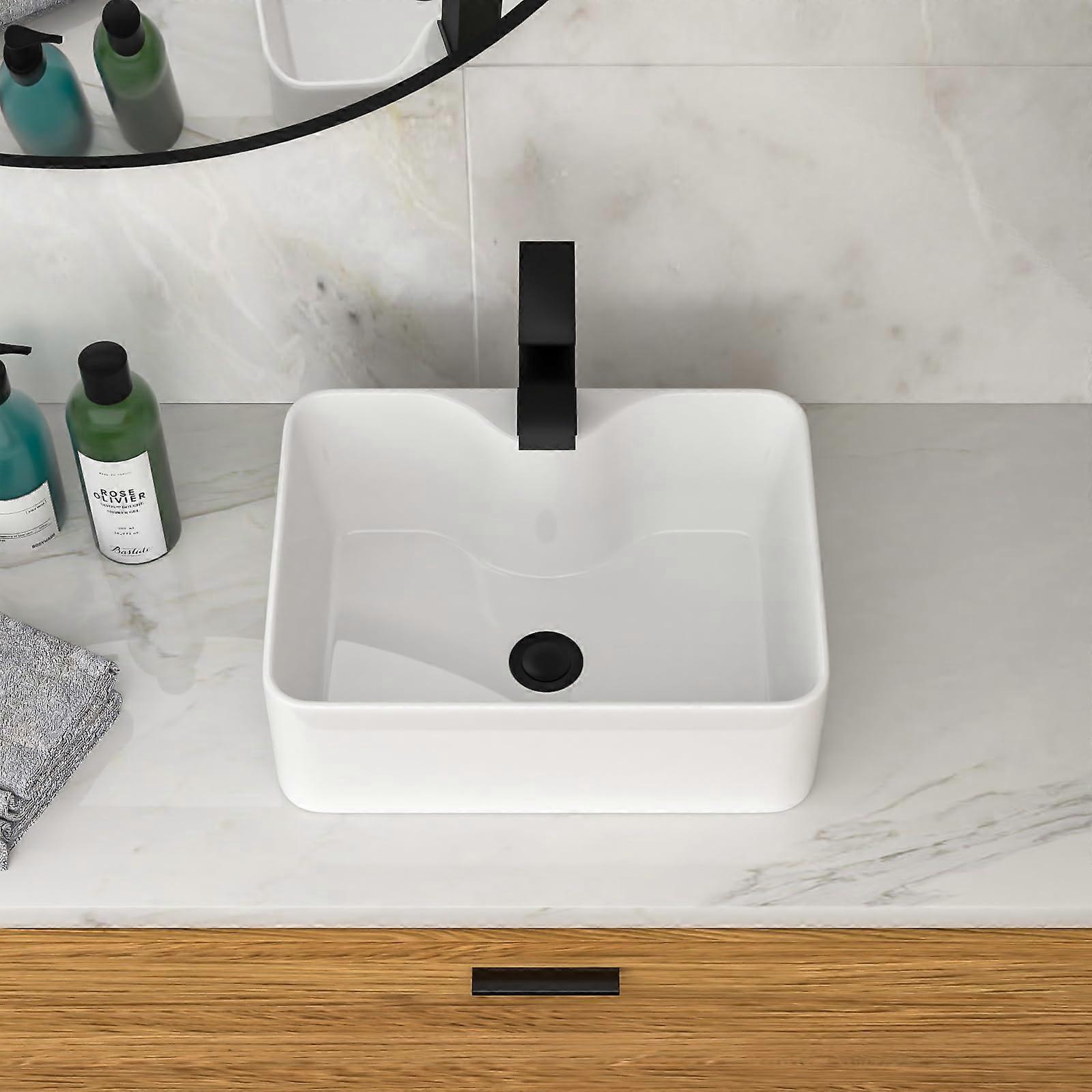 Bathroom Vessel Sink 16x12 White Rectangular Ceramic with Black Faucet and Drain Modern Design