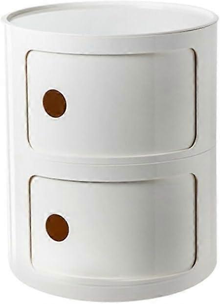 White 2Tier Round Nightstand with Drawers and Sliding Door, Stackable Plastic Bedside Table Organizer