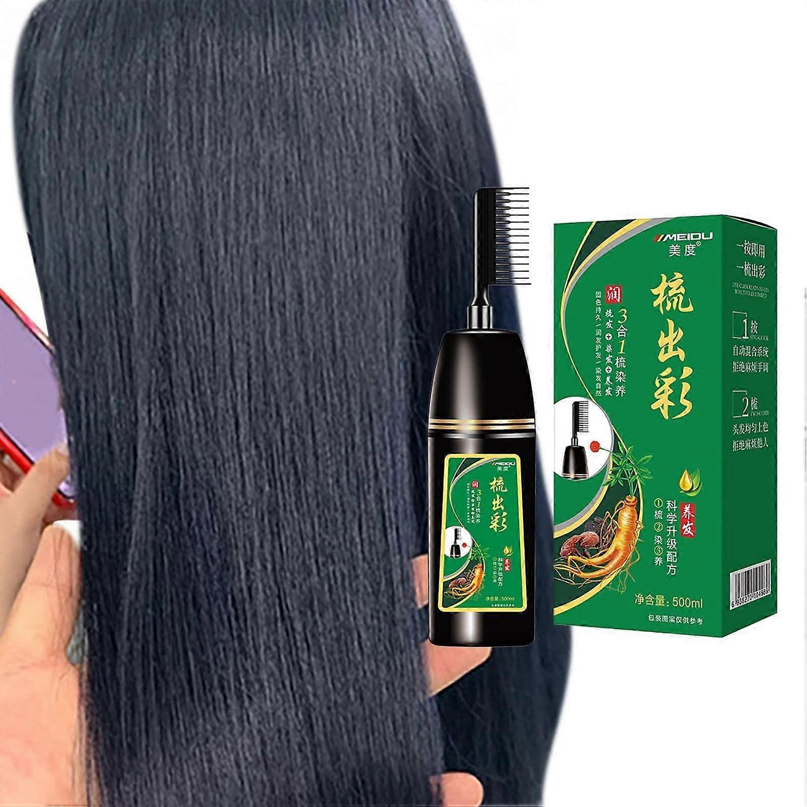 500ml Permanent Black Blue Hair Dye Shampoo with Comb Applicator, Gray Coverage, Shiny Finish