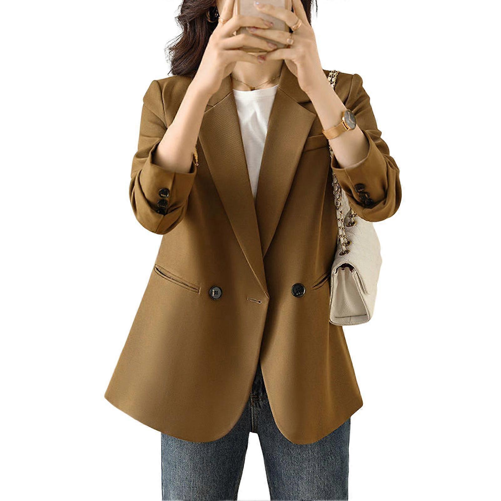 Women Suit Coat with Padded Shoulder Lapel Long Sleeve Two Button Pockets Suit Jacket Solid Color