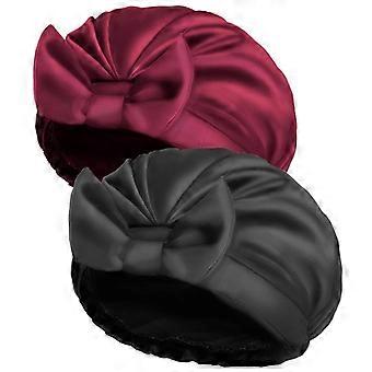2pcsBlack + Wine RedExtra große Duschhaube, Bowknot Doppellagige wiederverwendbare Badehaarkappen mit seidigem Satin für Frauen Schönheitsbaden, Haar-Spa, Home Hotel