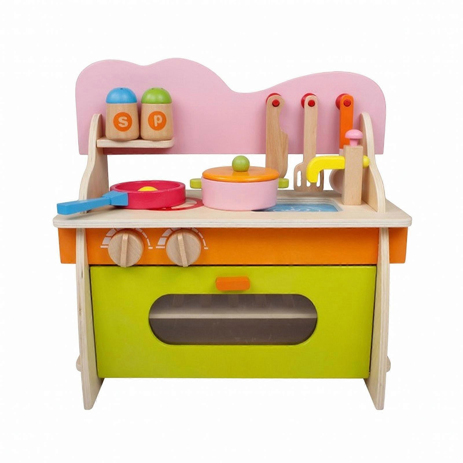 Child Wooden Play Kitchen Interactive Clicking Knobs, Space-Saving Tabletop