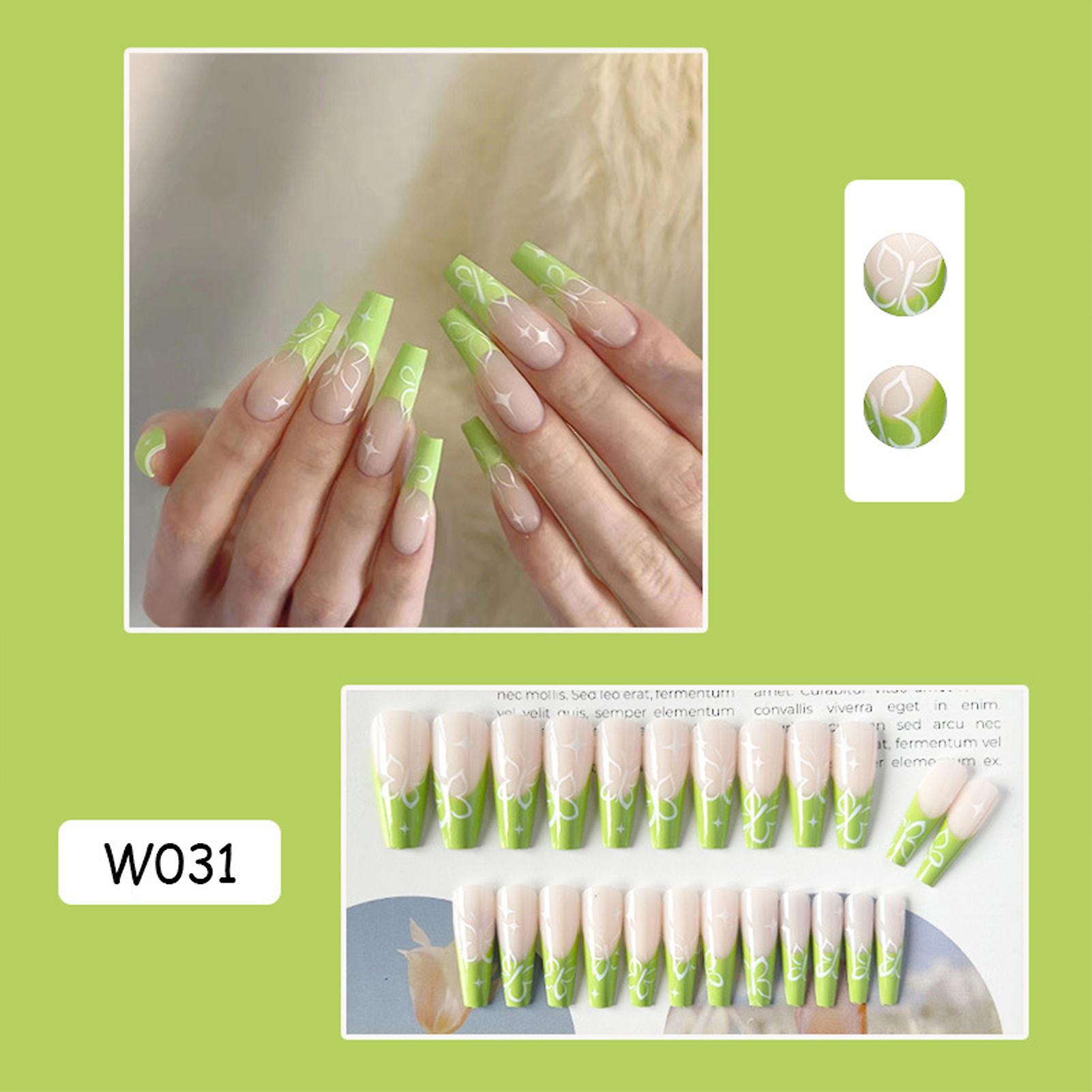 Green False Nails With Butterfly Printed With Harmless And Smooth Edge Nails