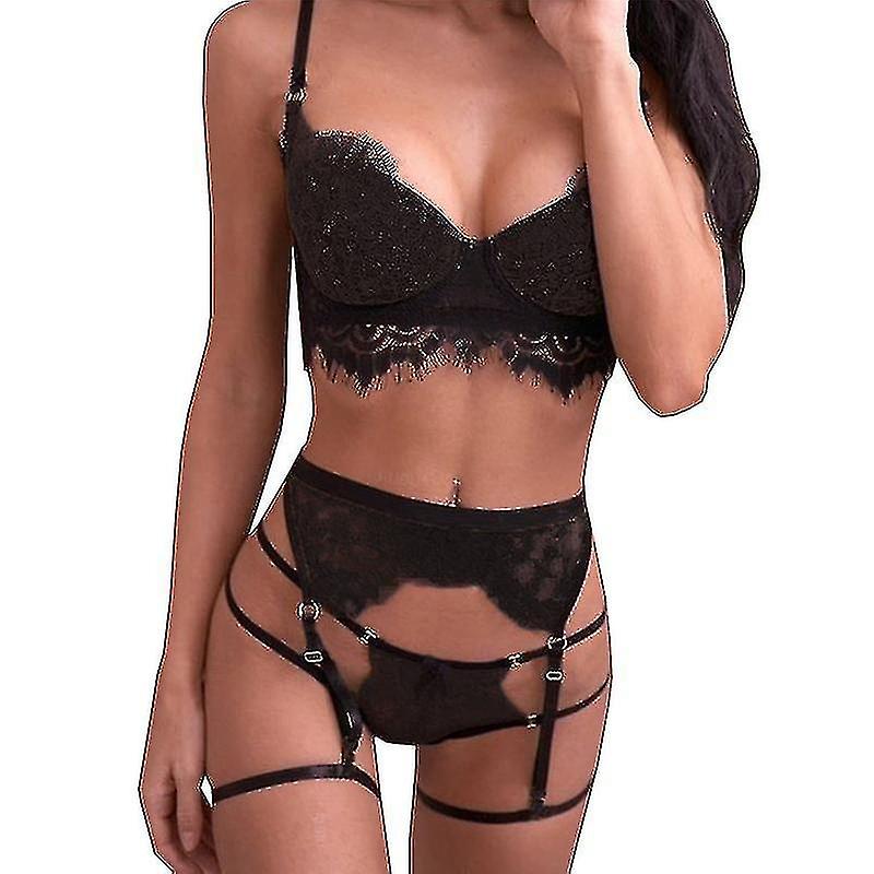 Kvinnor Spets Underkläder Set Babydoll Underkläder BH Stringtrosa Strumpeband Nattkläder (ruipei)