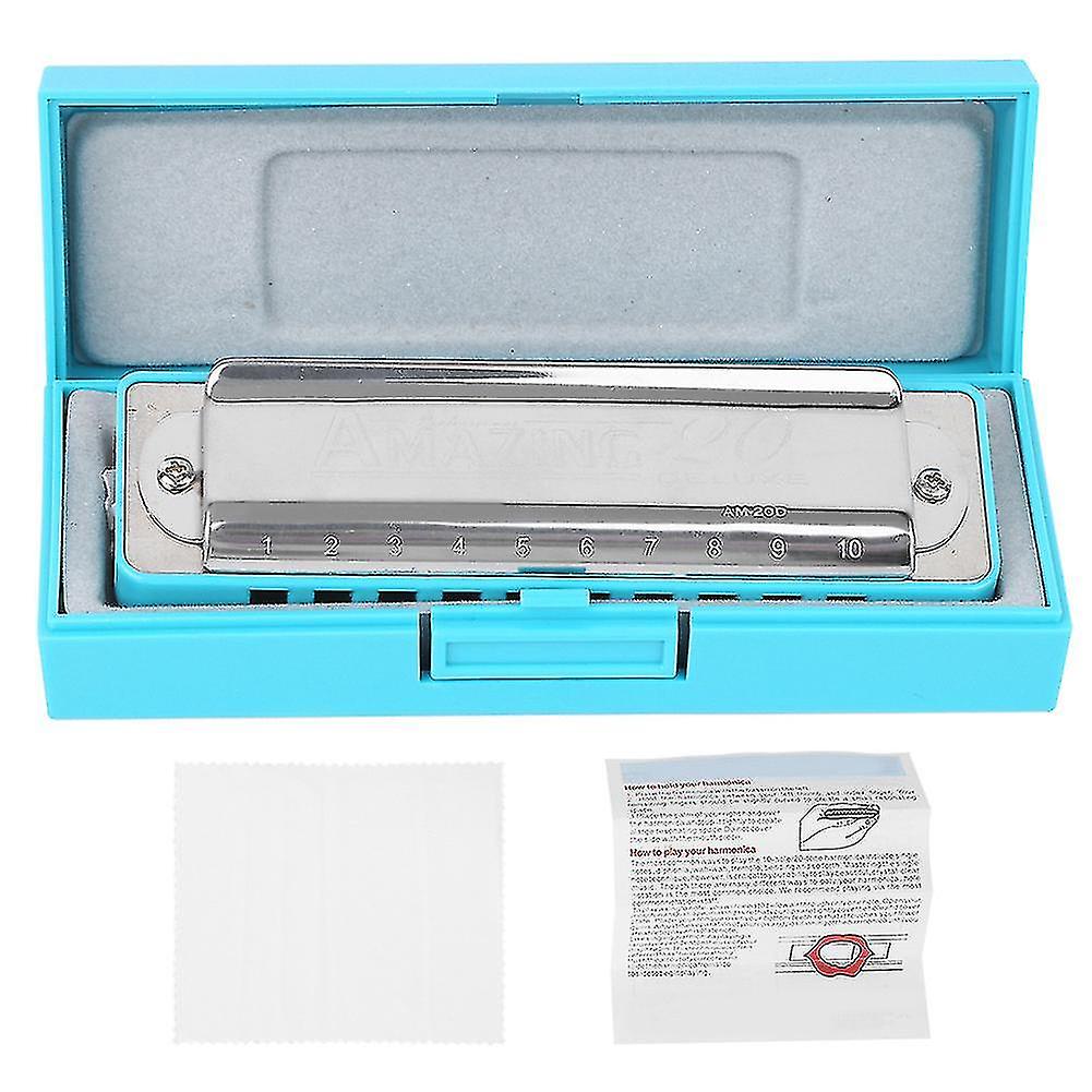 10‑Hole Harmonica Blues Bb Key Harp Wind Musical Instrument Beginner Practice AM‑20DBlue