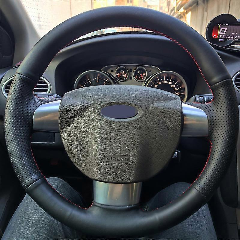 Svart läder handsydd bil ratt täcka för Ford Focus 2 2005 2006 2007 2008 2009 2010