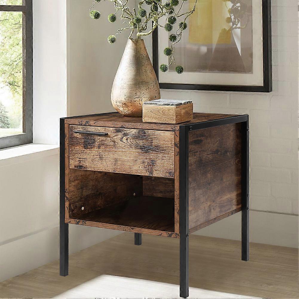 Retro Industrial-style Bedside Table Nightstand with Drawer & Open Front Storage Compartment