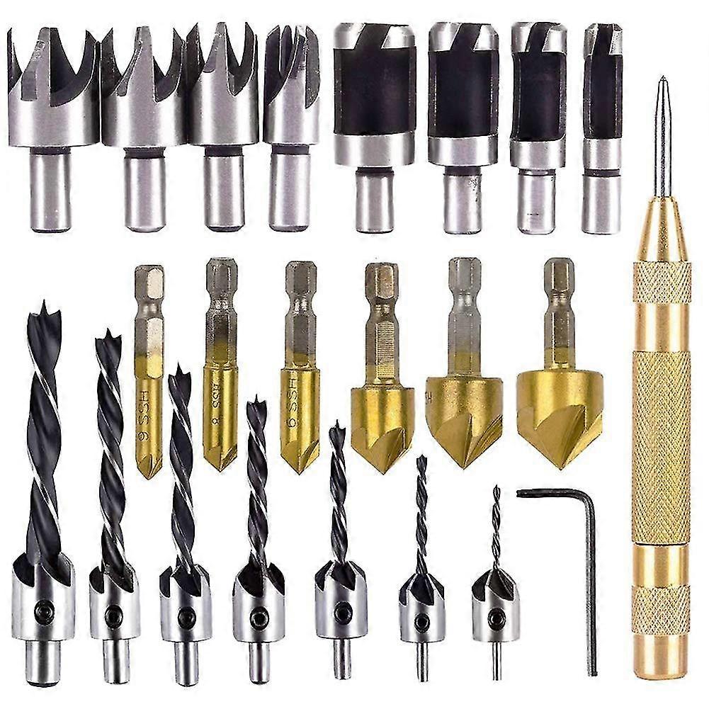 23 Pack Woodworking Chamfer Drilling Tool Countersink Drill Bits Wood Plug Cutter and Automatic
