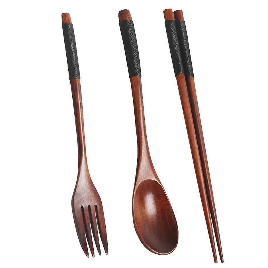 Wooden Flatware Set, Wooden Portable Set Chopsticks Spoon Fork Tableware Dinnerware with Black Twin