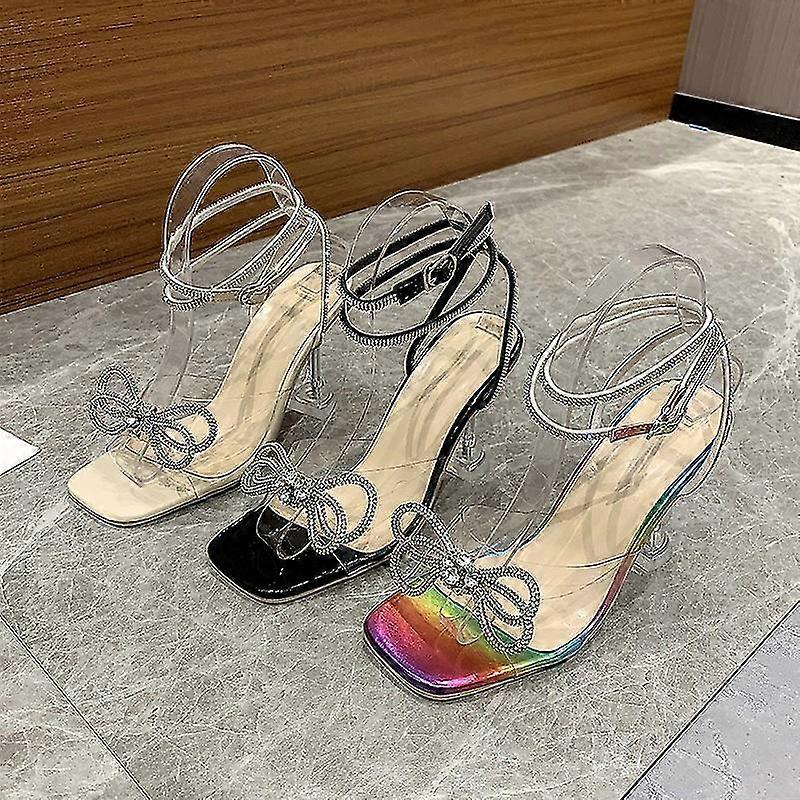 Double Bow Crystal Sandals Transparent Slingback High Heels Square Toe For Party Wedding