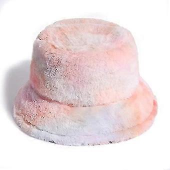 Women's Tie Dye Rainbow Faux Fur Bucket Hat Fluffy Winter Warmer Fisherman Cap