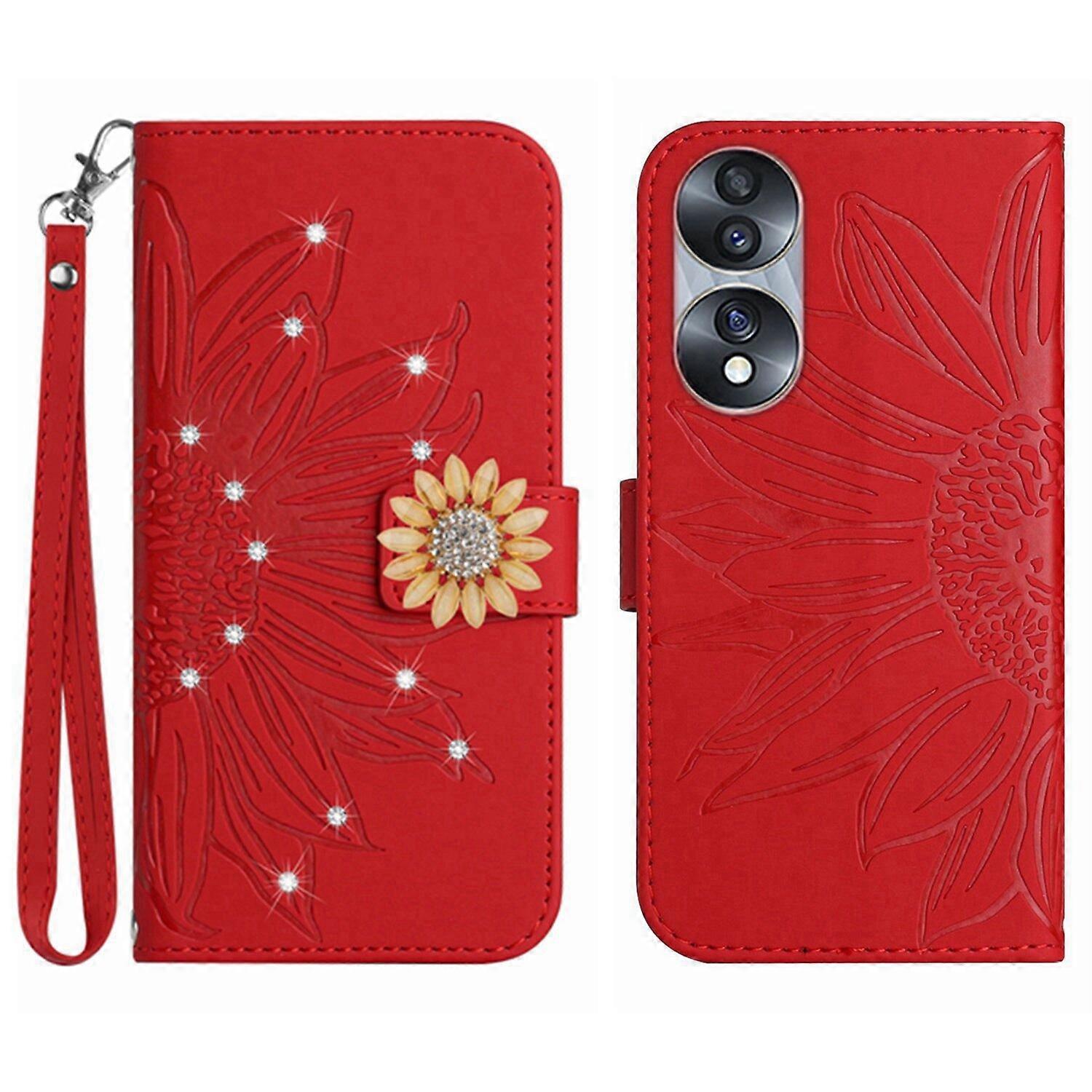 Compatible With Honor 70 Embossed Sunflower with Diamonds Magnetic Card Holder Wallet Phone Case with Short Strap