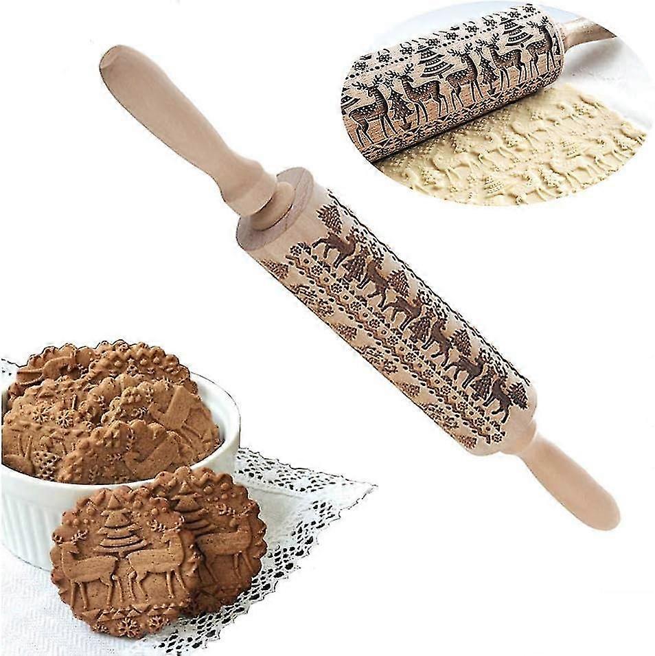 Rolling Pin With Moose Design - Christmas Rolling Pin For Baking Embossed Cookies - The Perfect Baking Accessory For Soft Candy, Pizza (moose Style)