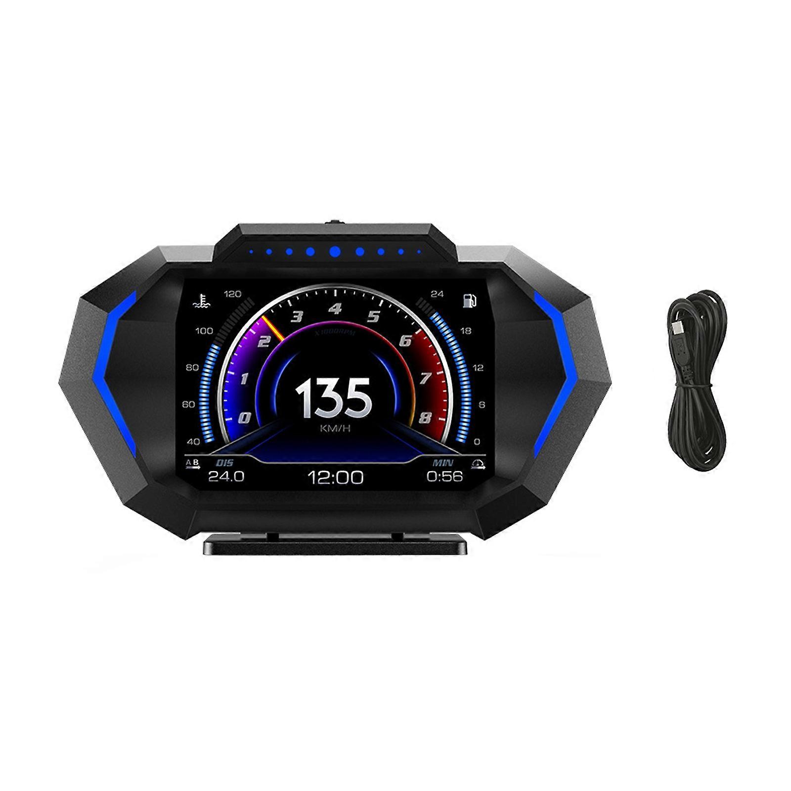 HUD Heads Up Display for bil, OBD + GPS Multi-Data Monitor Digital Speedometer Head Up Display, Overhastighetsalarm RPM Vanntemperatur Turbo Pressure Sma