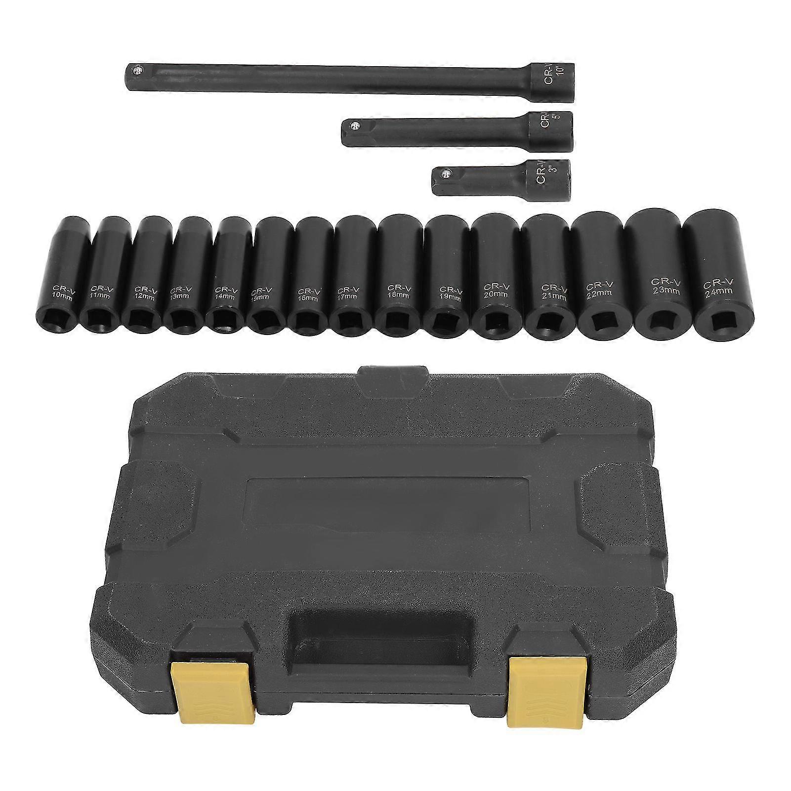 Drive Socket Set 18 Pcs 10-24mm Cr V Hex Deep Impact Sockets for Automotive Repair